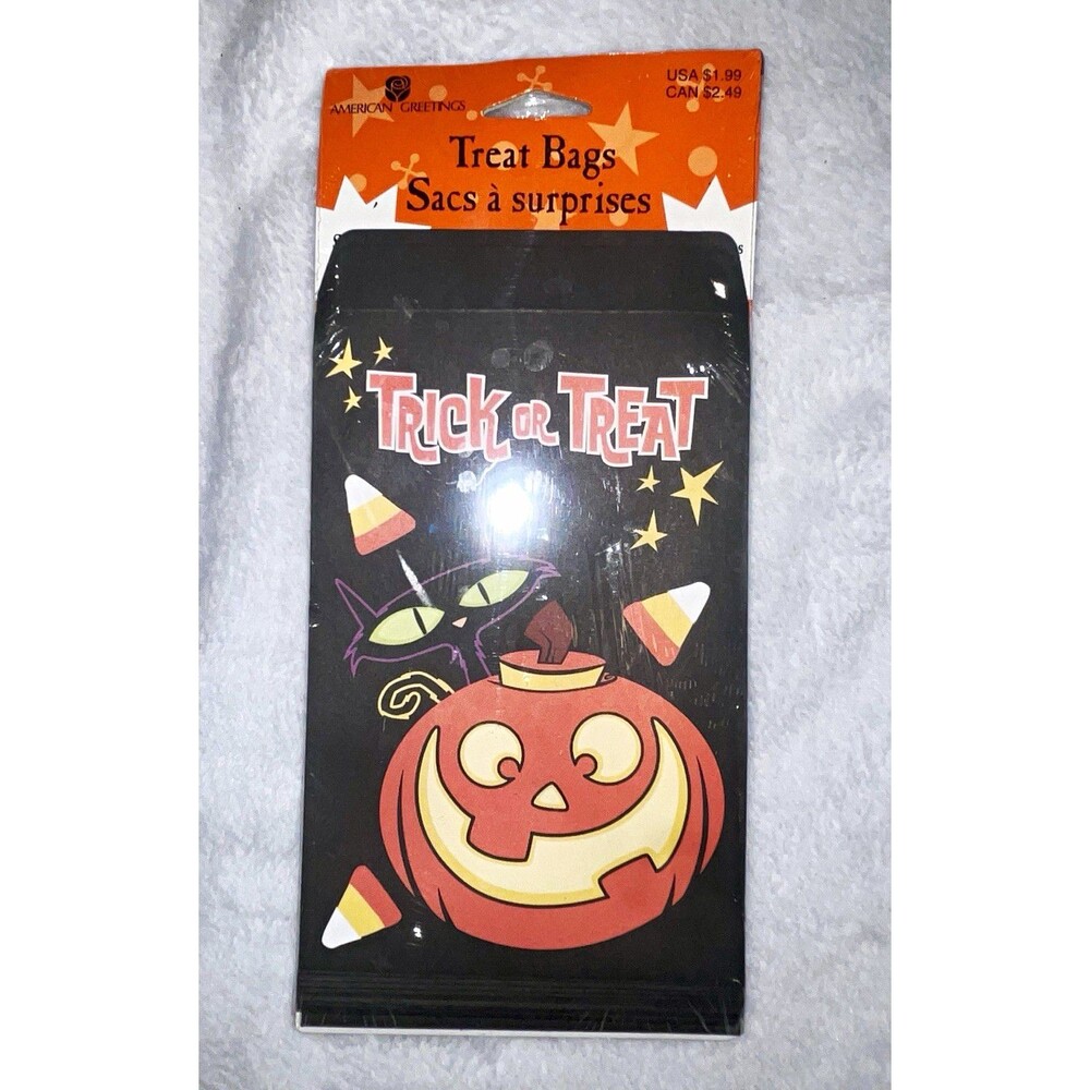 NOS Vintage American Greetings Halloween Treat Bags 18 Count Pumpkin Cat Sealed